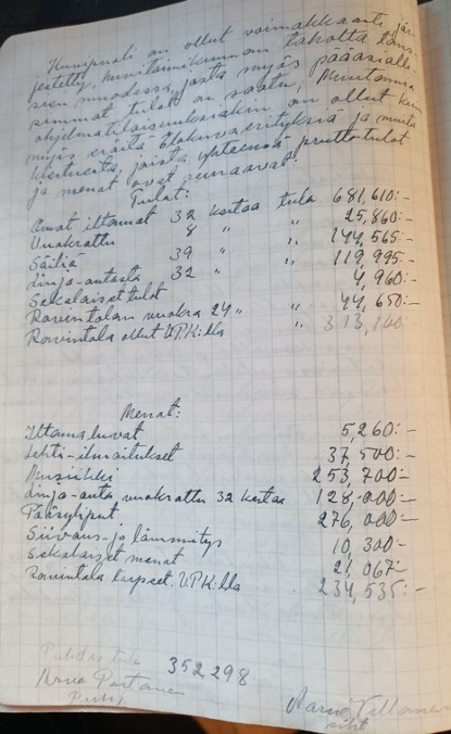 Ruutupaperille käsin kirjoitettu vuosikertomus